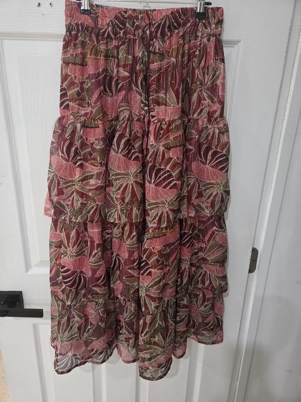 Elan Tiered Maxi Skirt in Pink and Olive Floral